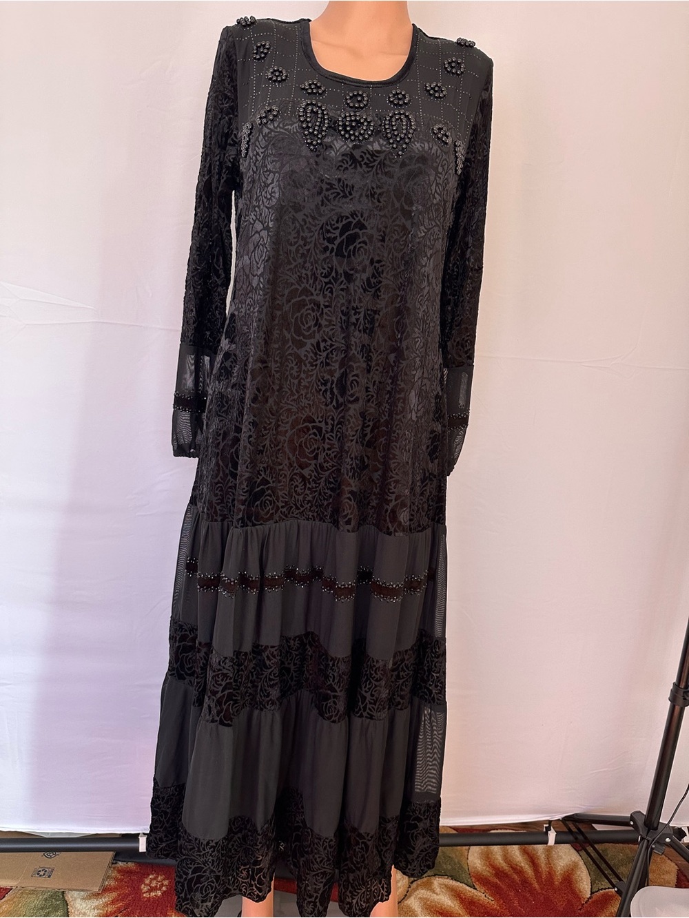 Elegant Black Long Sleeve Velvet Burnout Maxi Dress